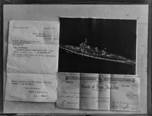 View of a cheque and letter sent to Whites Aviation Ltd from Wilson and Horton Ltd for 3480 aerial whole plate photographs, including the Royal Navy battleship HMS Howe (with photograph), sent 9th of July 1945