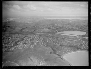 Orakei (basin to the right), Auckland, includes housing, farmland, bridge and waterway