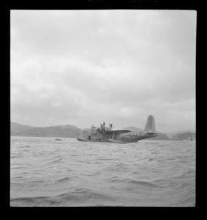 The arrival of the BOAC Hobart G-AGJL, a Short Hythe flying boat, at Evans Bay, Wellington Harbour