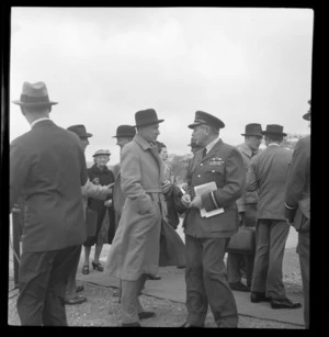 Sir Leonard Isitt, Air V M, meeting Lord Knollys stepping off a Hobart flying boat, Mechanics Bay, Auckland