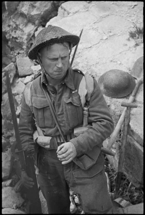 NZ soldier L T Bremner on the Cassino battlefront, Italy, World War II - Photograph taken by George Kaye