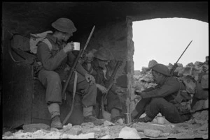 Soldiers drinking tea on manoeuvres in the Cassino area, Italy - Photograph taken by George Kaye