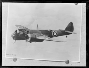 View of first production L4853, a Bristol Blenheim Type 142S medium range World War II era day bomber with two 905 HP Bristol MercXV engines, flying over [Europe?]