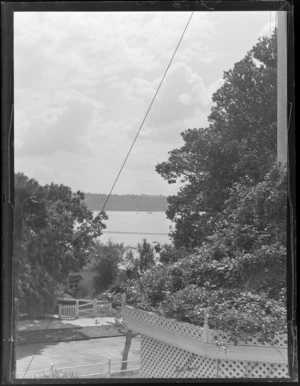 A general view from a Stacey and Wass house to lower gardens and road beyond, Herne Bay, Auckland