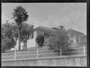 A general view of a Stacey and Wass house with lower gardens from the road below, Herne Bay, Auckland
