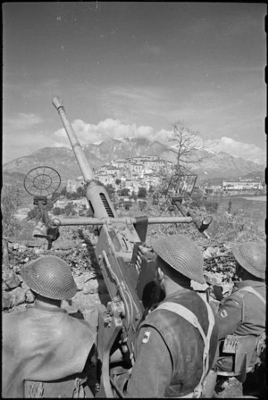 Allied anti aircraft crew watches for enemy aircraft in the mountainous country on the Italian Front, World War II - Photograph taken by George Kaye