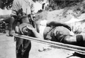 Guy Bridgeman being carried on a stretcher, Gallipoli, Turkey