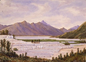 Chapman, Ernest Arthur, 1847-1930? :Roto Mahana from lower basins of Te Tarata. March 1874