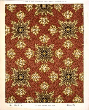 George Harrison & Co (Bradford) :Floorcloth [Victorian formal mosaic floral pattern]. Stock in body cloth and 3/4 4/4 and 5/4 passage cloth. No 694/2 X. Pattern shown half size. [1880s?]