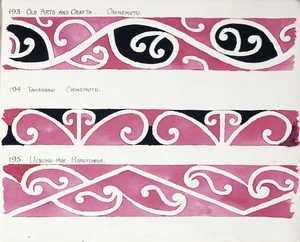 Godber, Albert Percy, 1876-1949 :[Drawings of Maori rafter patterns]. 193. Old Arts and Crafts, Ohinemutu; 194. Takarangi, Ohinemutu; 195. Uenuku-Mai-Rarotonga. [1945?]