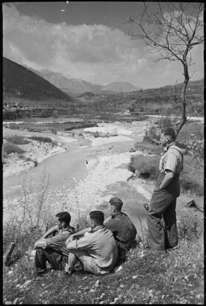 New Zealanders resting near the forward areas of the Italian Front view the Volturno River, World War II - Photograph taken by George Kaye