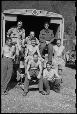 A group of ambulance drivers at 6 NZ Field Ambulance in the Cassino area, Italy, World War II - Photograph taken by George Bull