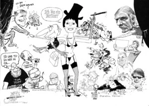 New Zealand cartoonists:Farewell cartoon for Susan Foster (2000). Composite of a caricature of Susan Foster by Bob Brockie, his self-portrait and 16 other self-portraits by New Zealand cartoonists.