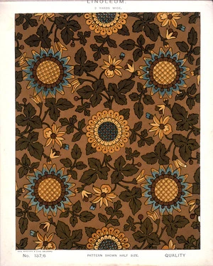 George Harrison & Co (Bradford): Linoleum, 2 yards wide. [Victorian floral and leaf pattern]. No. 137/6. Pattern shown half size. [1880s?]