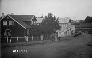 House and business premises on a street in the suburb of Milford, Auckland