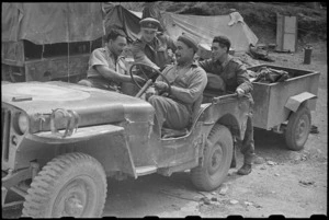 Members of the Maori Battalion with their trailer jeep at Hove Dump, near Cassino, Italy, about to load supplies - Photograph taken by George Bull