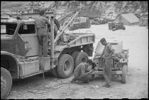 New Zealand jeep pulls in for repair at Recovery Section of the Hove Dump, Cassino area, Italy, World War II - Photograph taken by George Bull