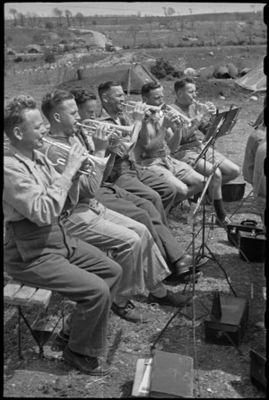Cornet section of 6 NZ Infantry Brigade Band practises in Volturno Valley area, Italy, World War II - Photograph taken by George Bull
