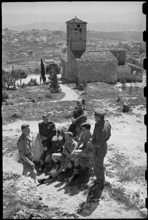 New Zealand front line personnel on the hill overlooking the town of Campobasso, Italy, World War II - Photograph taken by George Bull