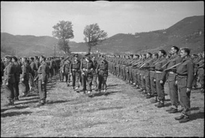 General Freyberg inspecting 5 NZ Infantry Brigade at ceremonial parade in the Volturno Valley, Italy, World War II - Photograph taken by George Kaye