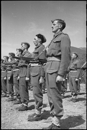 Members of the 5 NZ Infantry Brigade lined up on ceremonial parade in the Volturno Valley, Italy, World War II - Photograph taken by George Kaye