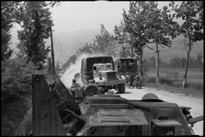 Tanks and trucks on Highway 6 outside Cassino before it fell to the Allied assault, Italy, World War II - Photograph taken by George Kaye