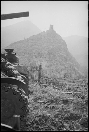 Castle Hill seen from the town of Cassino, Italy, World War II - Photograph taken by George Kaye