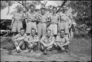 New Zealanders in front of one of the tents at 1 NZ Convalescent Depot in Santo Spirito, Italy, World War II - Photograph taken by George Bull