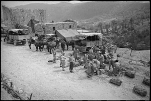 Mule team about to load rations and ammunition in Terelle sector for forward NZ machine gun posts, Italy, World War II - Photograph taken by George Kaye