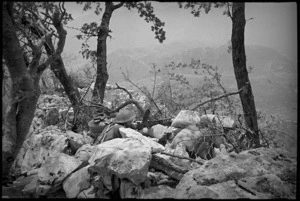 New Zealand Bren gunner C A Coleman provides covering fire in forward areas of 8th Army Front, Italy World War II - Photograph taken by George Kaye