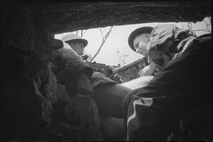P W Stevens and L S Jenkins in forward machine gun post on 8th Army Front, Italy, World War II - Photograph taken by George Kaye