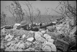 P W Stevens and L S Jenkins in forward machine gun post in Terelle sector of the Italian Front, World War II - Photograph taken by George Kaye