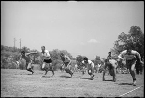 Start of a heat in the 220 yards race at 5 NZ Infantry Brigade Sports Meeting in Italy, World War II - Photograph taken by George Kaye