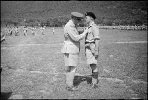 Lieutenant Colonel J B Ferguson receives the DSO from General Freyberg in the Volturno Valley, Italy, World War II - Photograph taken by George Kaye