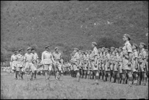 General Freyberg inspecting 4 NZ Armoured Brigade at ceremonial parade in the Volturno Valley, Italy, World War II - Photograph taken by George Kaye