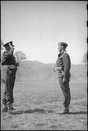 Captain R B Abbot after his Military Cross decoration by General Freyberg, Volturno Valley, Italy, World War II - Photograph taken by George Kaye