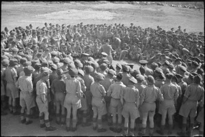 NZ troops grouped around Prime Minister Peter Fraser during visit to the Cassino area, Italy - Photograph taken by George Robert Bull