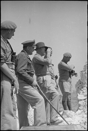Prime Minister Peter Fraser and General Bernard Freyberg survey countryside from the top of Monastery Hill, Cassino, Italy, World War II - Photograph taken by George Kaye