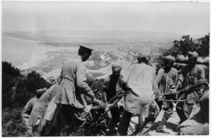Indian soldiers hauling a mounted gun up into position on Walkers Ridge, Gallipoli, Turkey