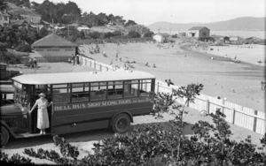 Worser Bay, Wellington, with Bell bus, mens bathing sheds and beach