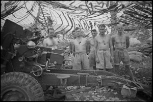 Gun crew of one of the guns of NZ Divisional Artillery in the Cassino area, Italy, World War II - Photograph taken by George Kaye
