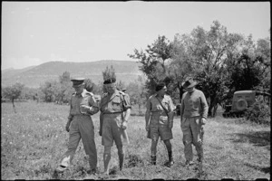 Prime Minister Peter Fraser visiting 22 NZ Armoured Regiment near Cassino, Italy, World War II - Photograph taken by George Bull