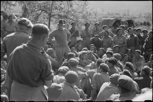 Prime Minister Peter Fraser addresses 19 NZ Armoured Regiment at St Elia, Italy, World War II - Photograph taken by George Bull