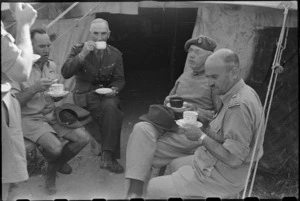 Prime Minister Peter Fraser having afternoon tea with senior officers in the Volturno Valley area, Italy, World War II - Photograph taken by George Bull