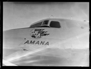 Showing insignia of passenger aircraft Douglas DC-4 Skymaster Amana, VH-ANA, operated by ANA (Australian National Airways), at RNZAF Station, Whenuapai, Auckland