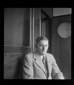 Portrait of T H Walker of Auckland Model Aero Club, Whites Aviation Office, Auckland