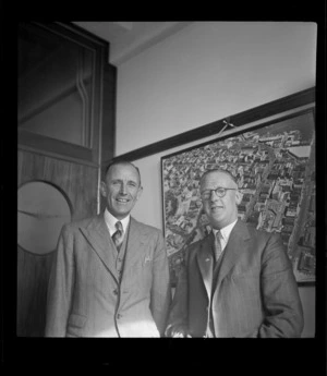 Portrait of Ralph Postles and Mr Satterthwaite of NZ Refrigeration Company Dunedin, Whites Aviation Office, Auckland