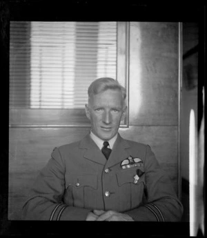 Portrait of Flight Lieutenant N W Wrennall RNZAF in uniform, Whites Aviation Office, Auckland
