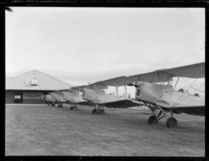View of a line up of Auckland Aero Club Tiger Moth aeroplanes with Aircraft Service Limited signboard behind, Mangere Airfield, Auckland