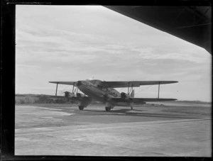 View of a De Havilland DH86 Union Airway's ZKAHW passenger bi-plane, Mangere Airfield, Auckland